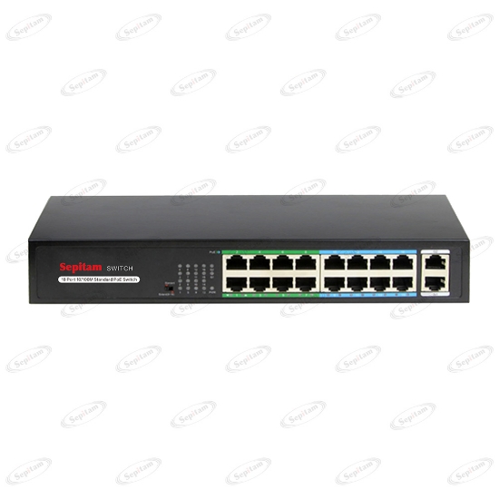 صورة PoE سوئیچ کامرشیال شانزده پورت 10/100Mbps دارای دو پورت آپلینک گیگ، با قابلیت Long Distance (مدل: Sepitam-PH216E-DGL)